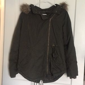 Olive green coat with fur hood